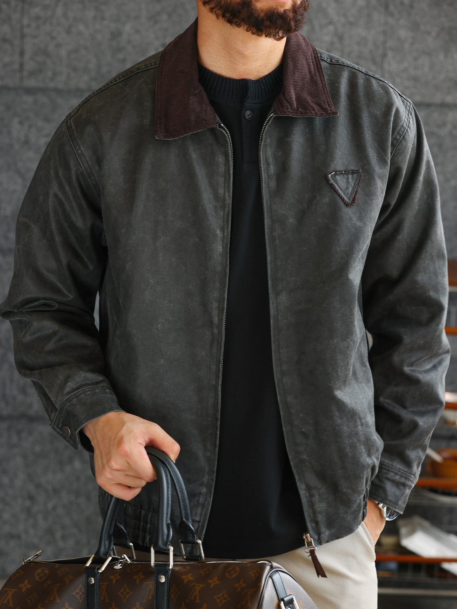 【磨毛質感】水洗油蠟皮紋理撞色翻領夾克男商務休閒外套