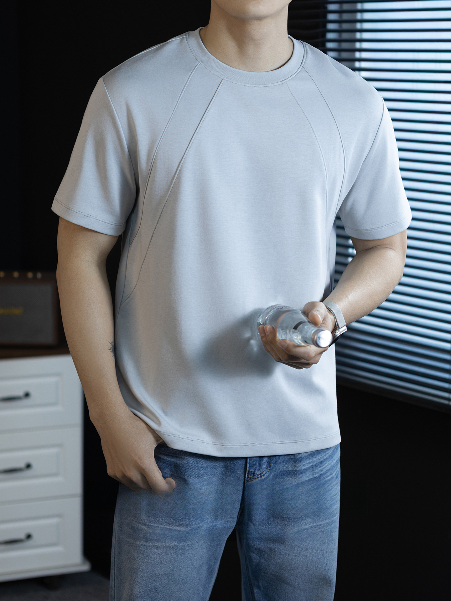 【都市輕旅】液氨莫代爾棉3D插肩短袖T恤男基礎純色休閒商務夏季