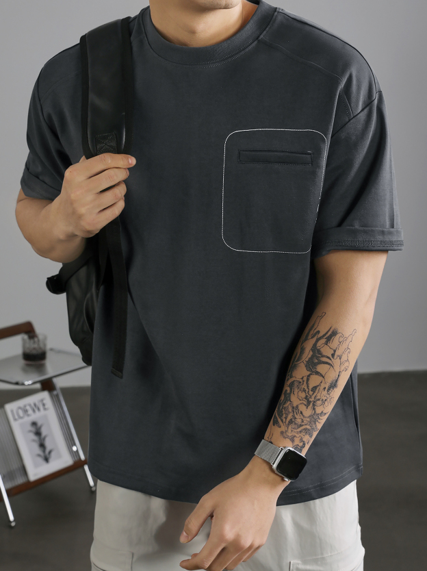 簡約A字刺繡棉質短袖T恤男國潮明線假口袋裝飾百搭圓領體恤