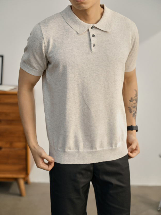 英倫風百搭針織短袖Polo衫透氣休閒羅紋底擺男士翻領保羅衫