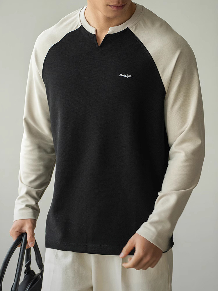 美式運動小V領撞色落肩袖寬鬆衛衣男士春季打底健身長袖T恤