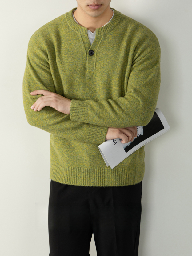 美式單扣亨利領毛衣男士休閒鬆弛感秋冬季保暖針織衫