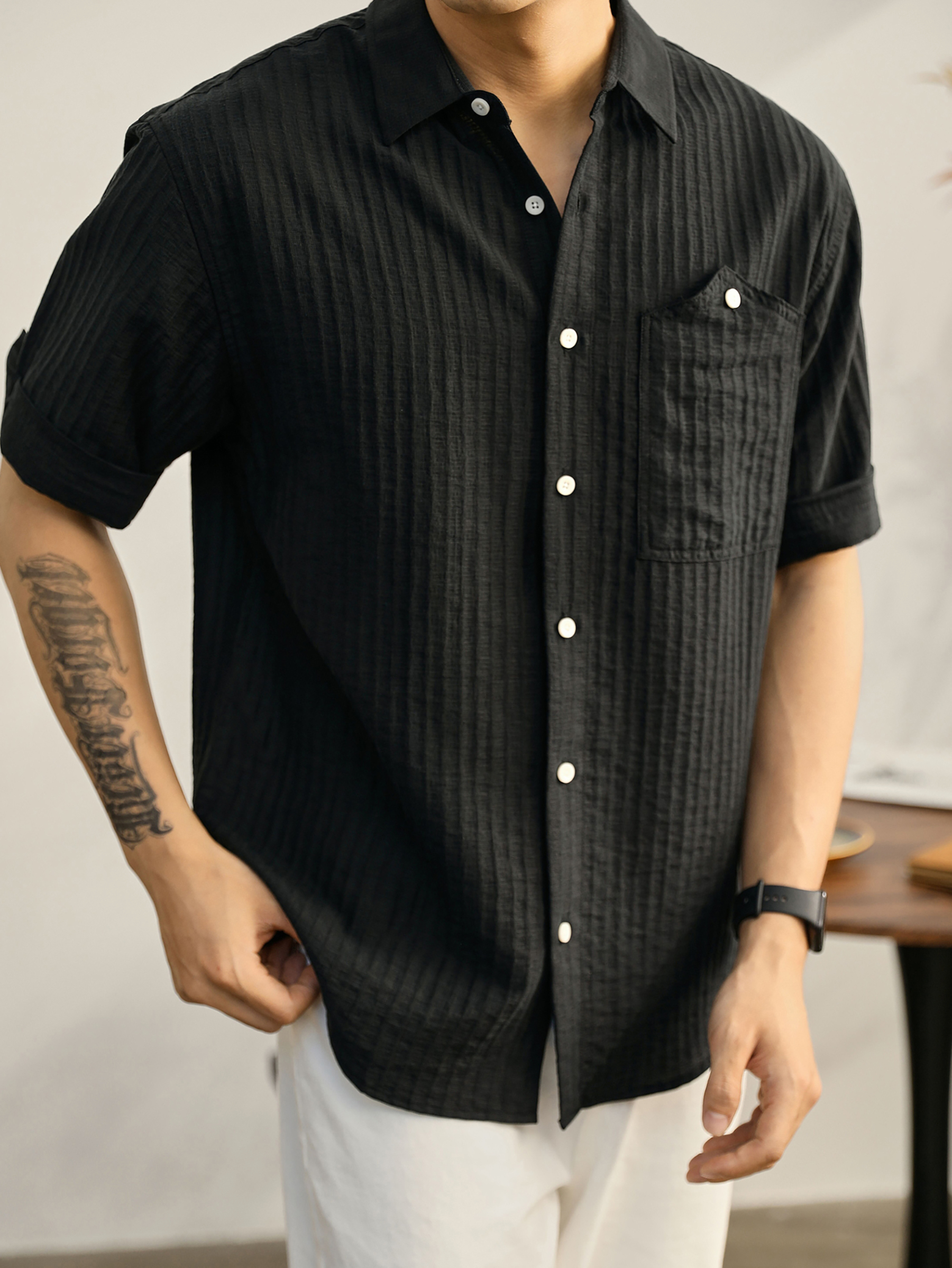 時尚潮流帥氣單穿襯衫男萊賽爾透氣襯衣泡泡肌理感紋理短袖