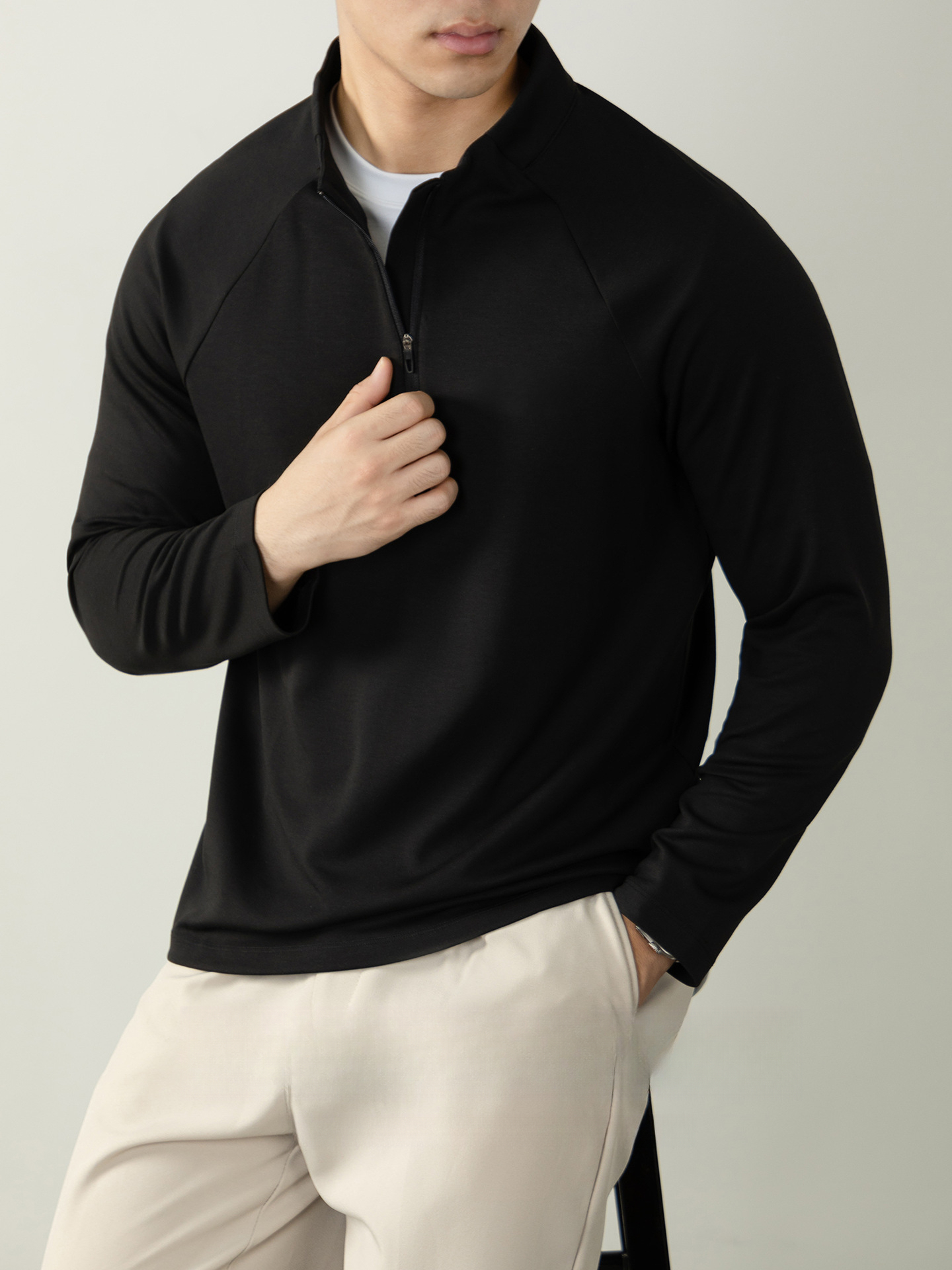 CloudTouch™頂奢300G莫代爾雲感T恤男長袖拉鍊立領商務通勤上衣