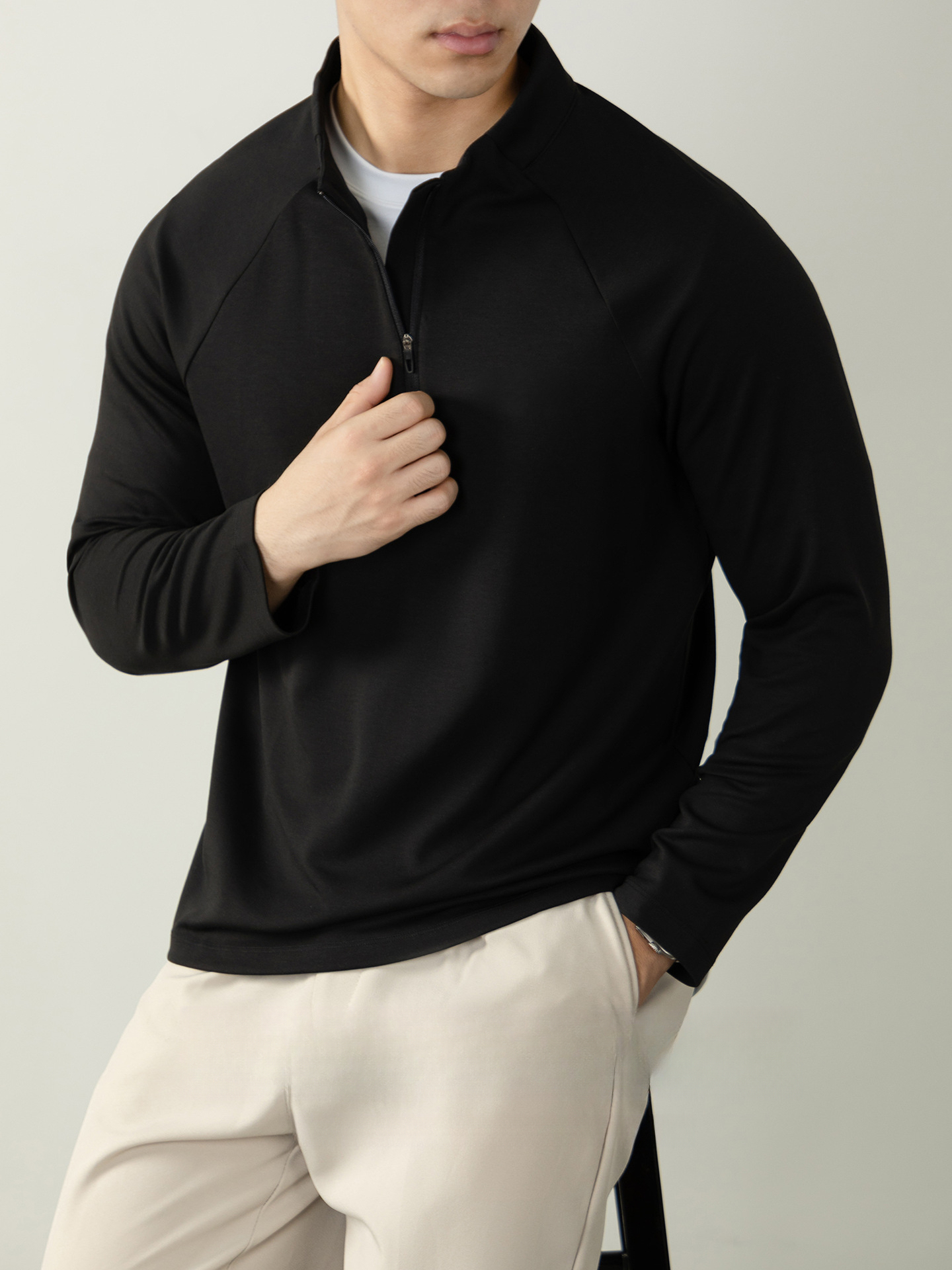 CloudTouch™頂奢300G莫代爾雲感T恤男長袖拉鍊立領商務通勤上衣