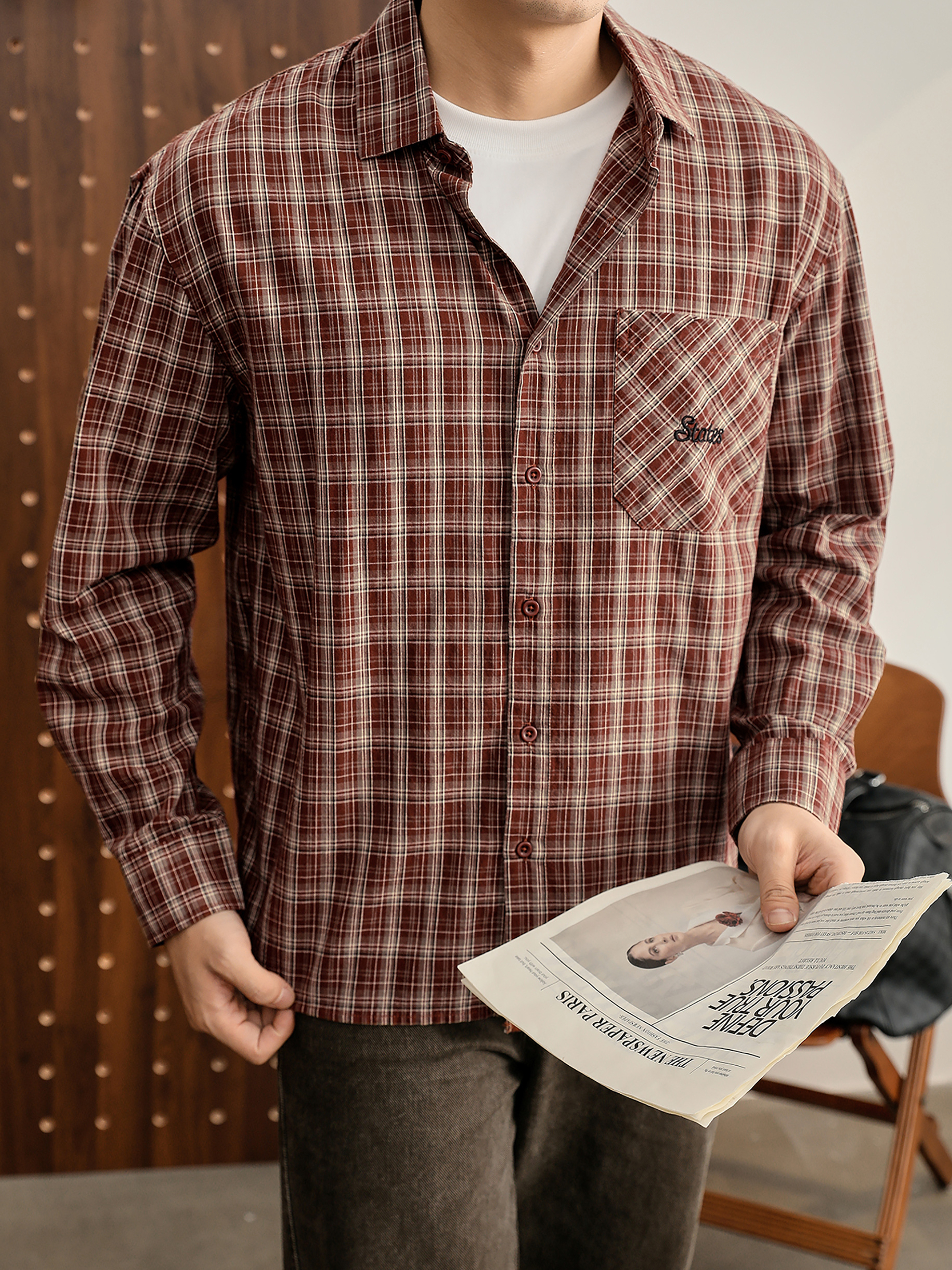 美式復古慵懶格子100%純棉長袖襯衫男休閒cleanfit襯衣外套