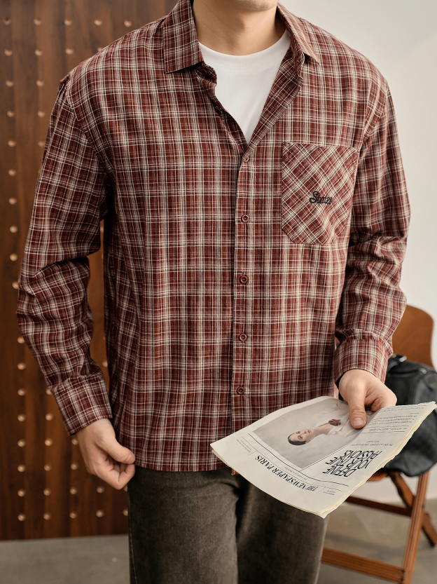 美式復古慵懶格子100%純棉長袖襯衫男休閒cleanfit襯衣外套