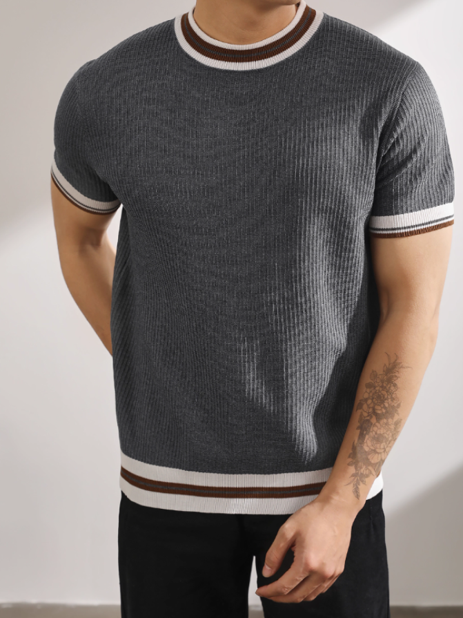 輕熟風氣質韓版短袖針織衫復古撞色條品質冰爽絲潮男T恤上衣