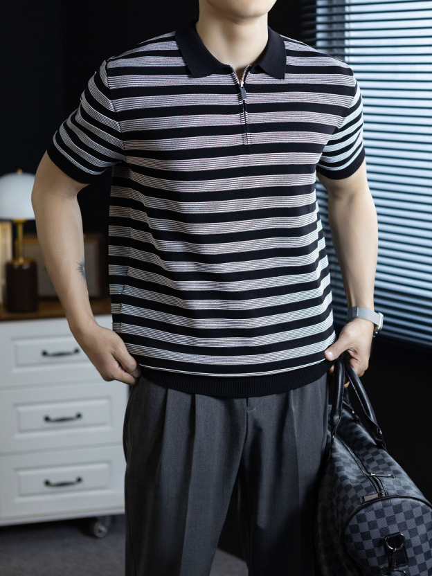 輕奢復古！經典海魂衫短袖t桖男士薄款涼爽透氣休閒polo衫半拉鍊