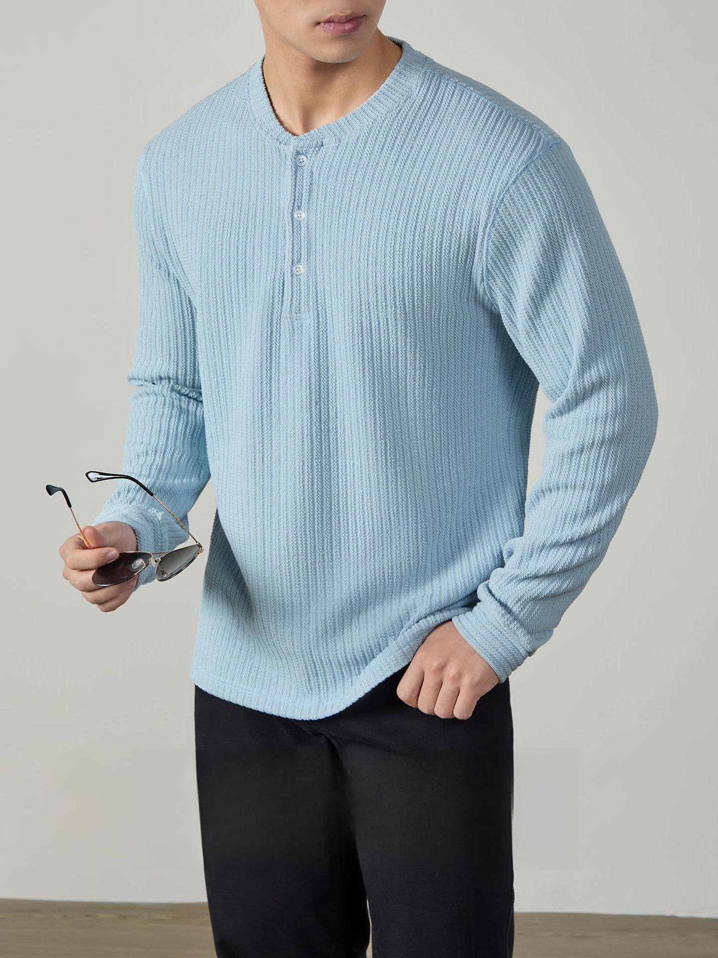 【雙麻花肌理】經典亨利領長袖T桖男款秋冬重磅時尚垂感針織上衣