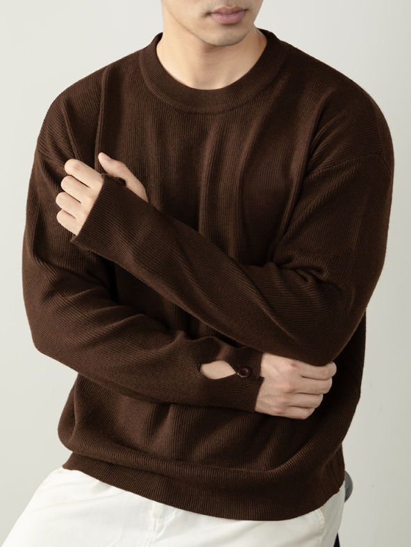 【鬆弛高級感】豎紋肌理寬鬆針織衫男厚實秋冬紐扣袖口設計毛線衣