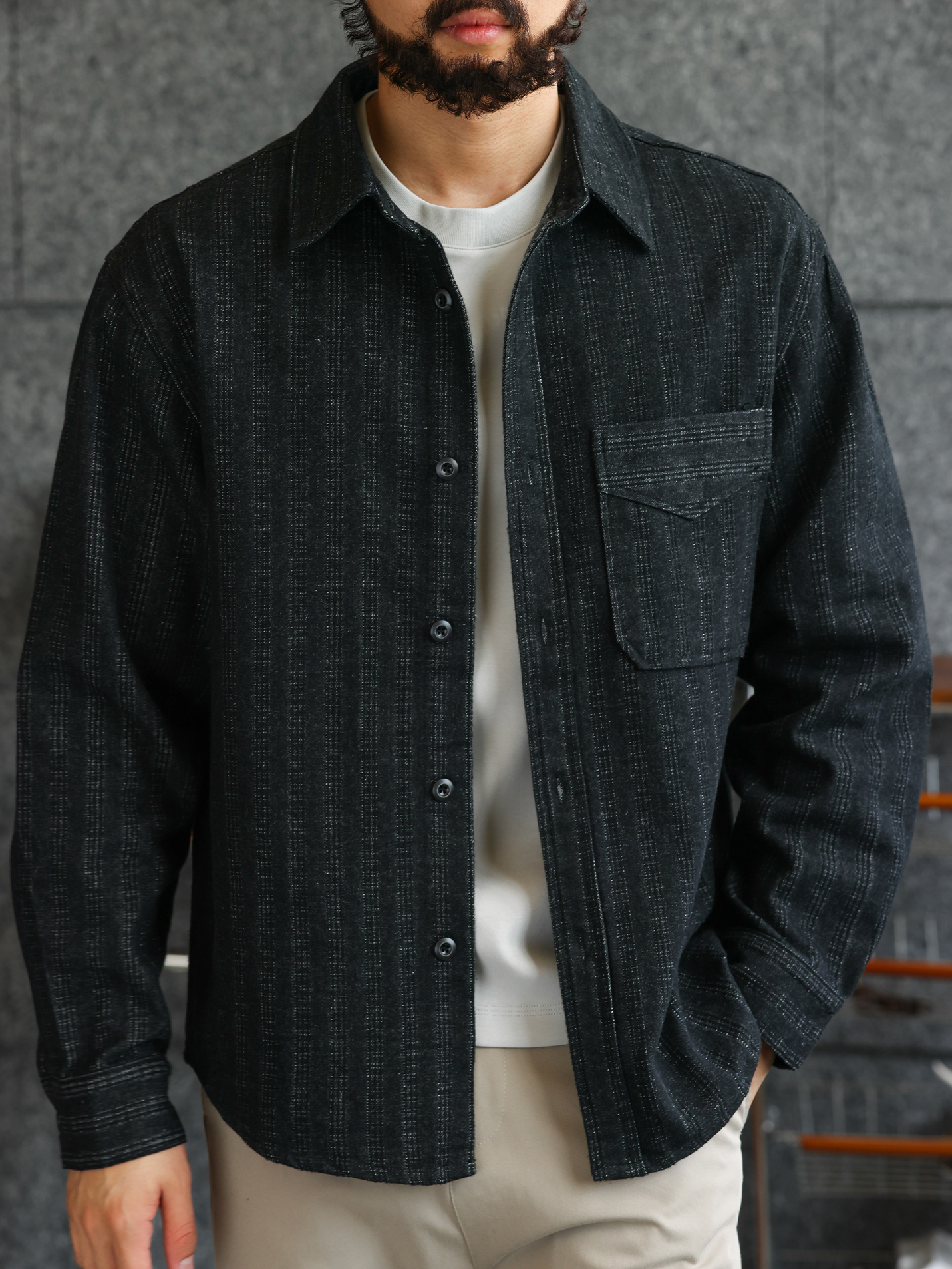 【绅士型格】质感磨毛暗条纹提花仿牛仔衬衫男士硬朗衬衣