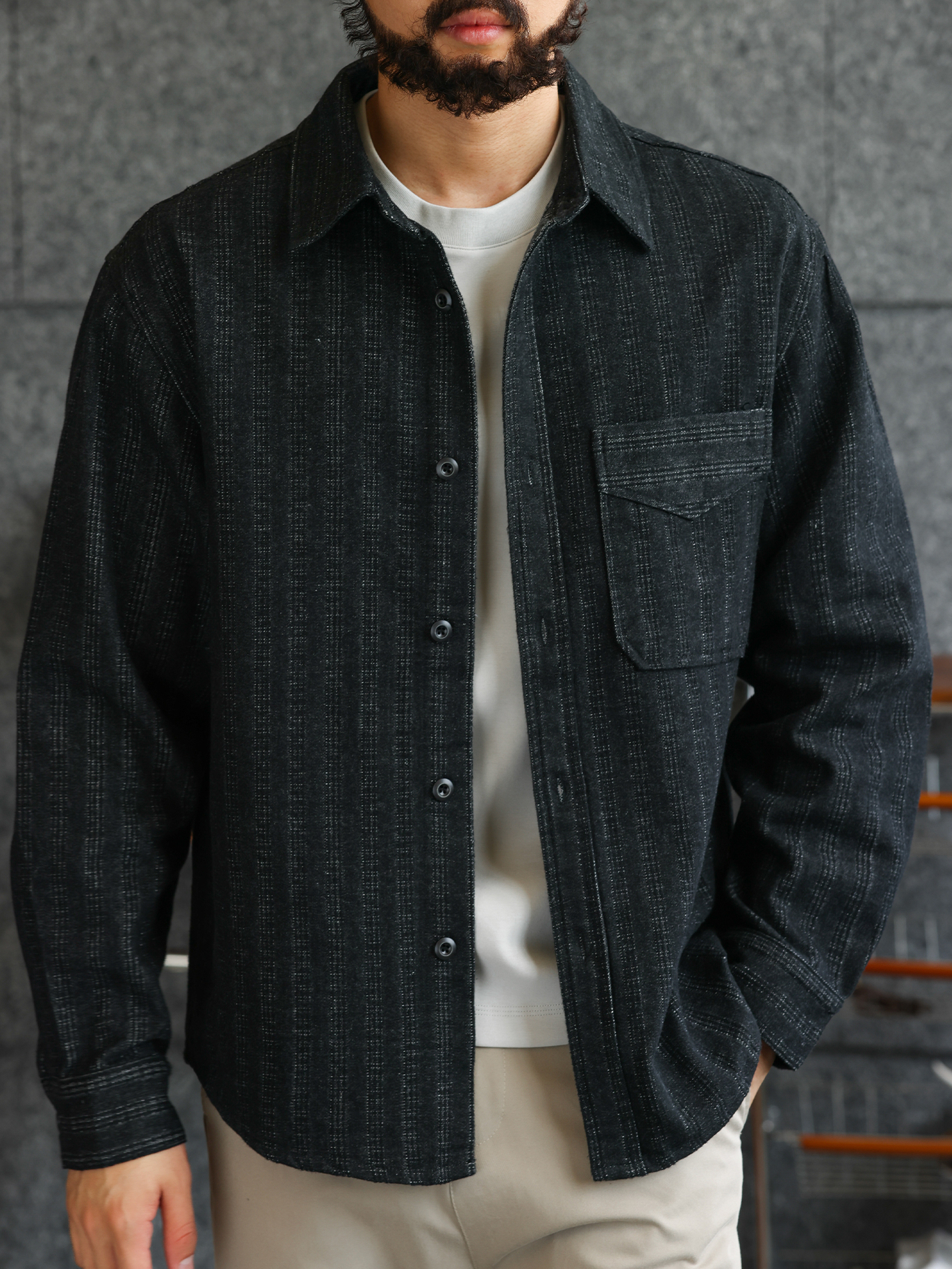 【绅士型格】质感磨毛暗条纹提花仿牛仔衬衫男士硬朗衬衣