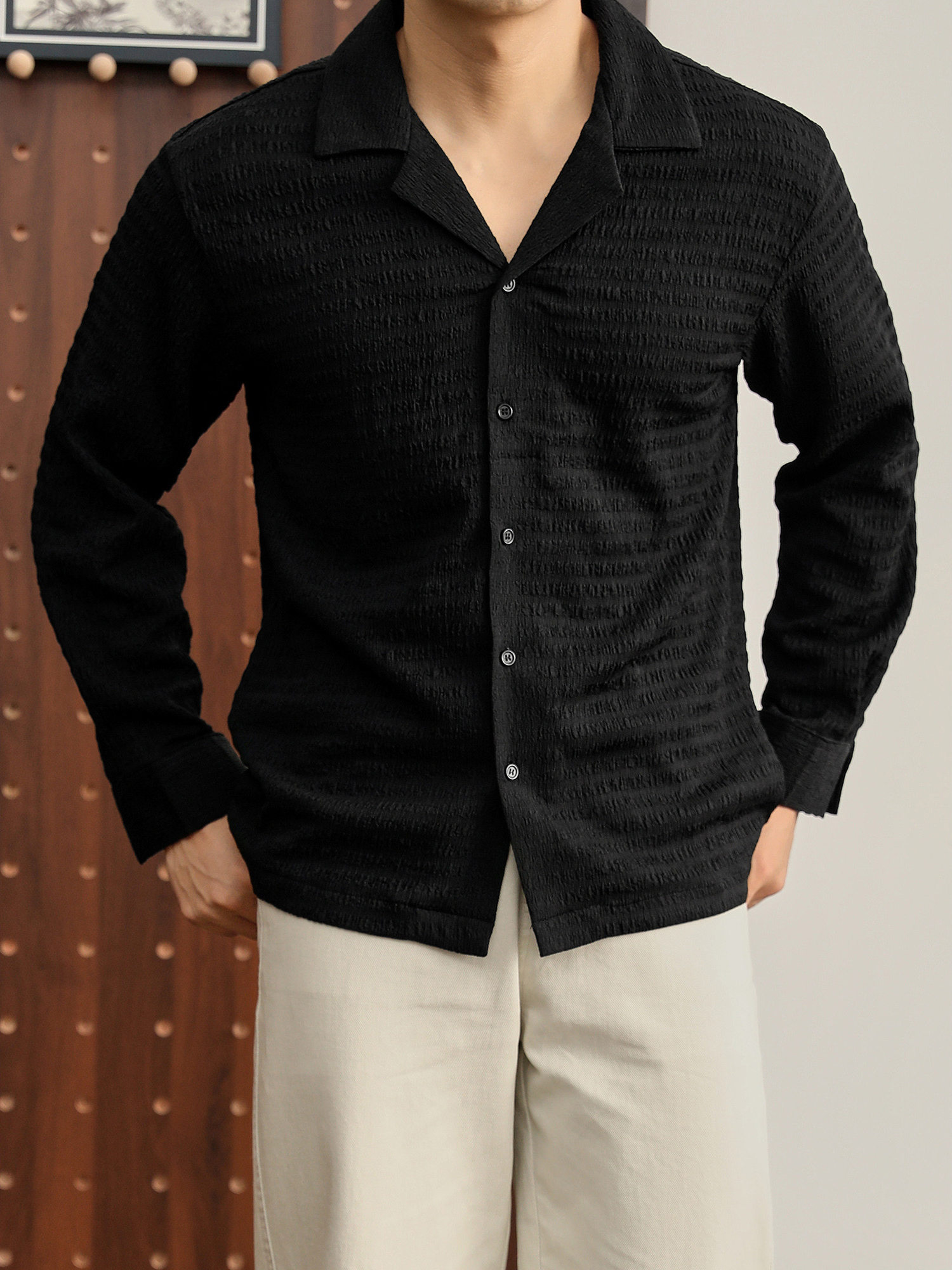 儒雅老錢風提花皺感古巴領長袖襯衫男泡泡紗肌理感襯衣