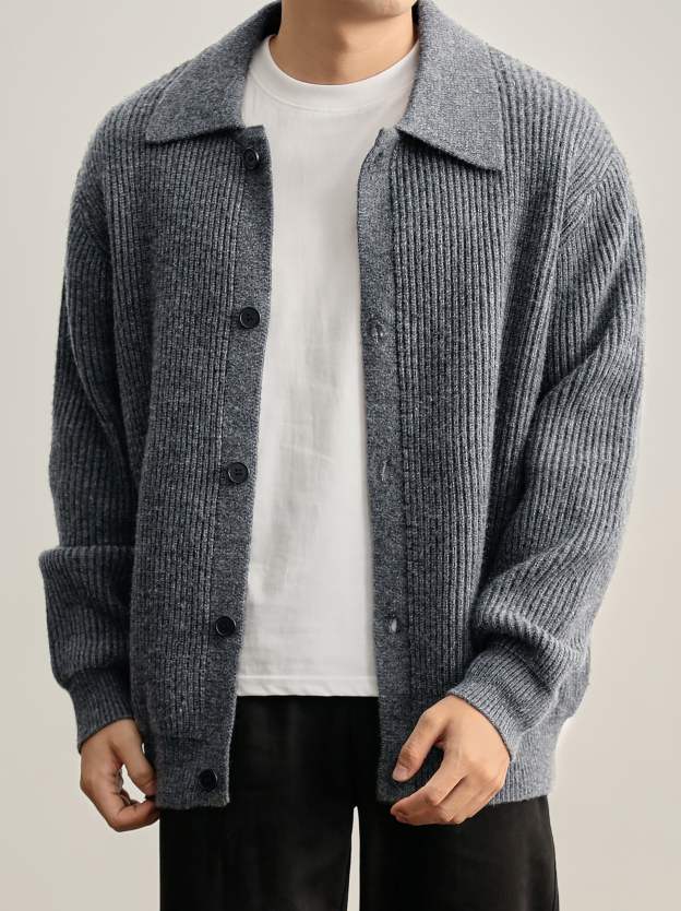 慵懒风坑条肌理感翻领针织开衫毛衣男秋冬简约cleanfit外套