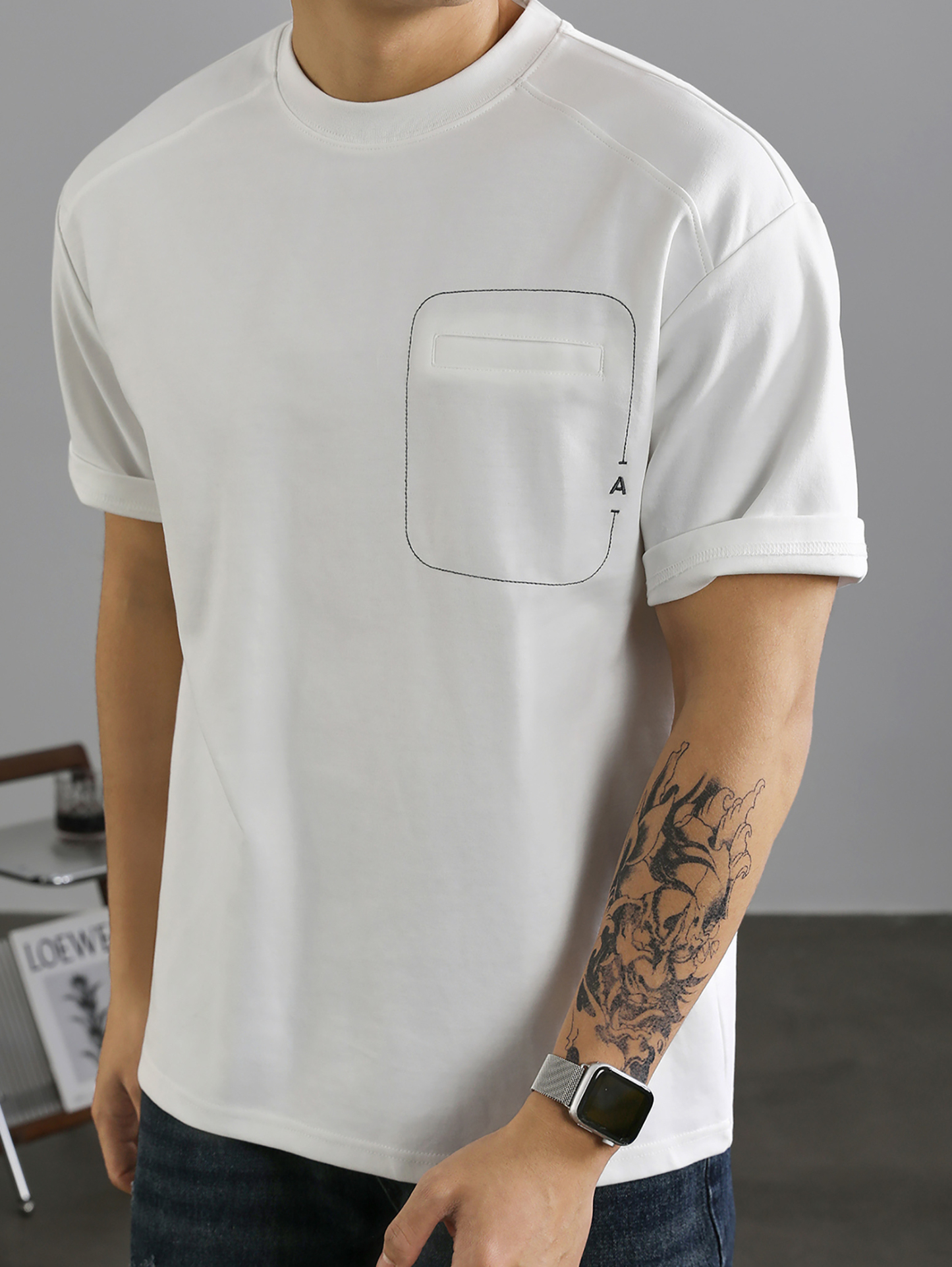 簡約A字刺繡棉質短袖T恤男國潮明線假口袋裝飾百搭圓領體恤