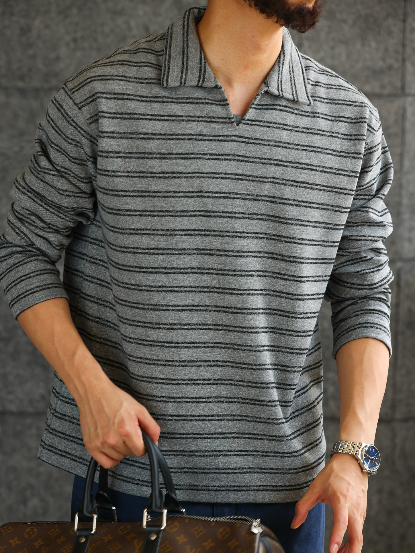 【雲感生活】花紗織造條紋V領POLO衫男抗皺打底衫長袖T恤