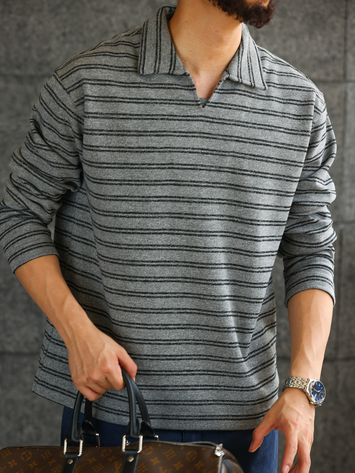 【雲感生活】花紗織造條紋V領POLO衫男抗皺打底衫長袖T恤