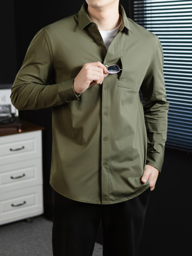 【都市通勤】米通格肌理高彈抗皺長袖襯衫男輕商務襯衣速幹春秋季