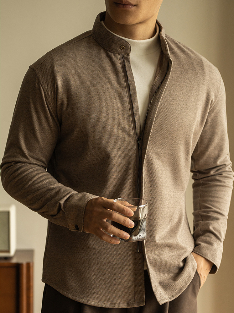 輕商務毛呢拉鍊長袖襯衫男士青年秋冬季新款修身休閒外套