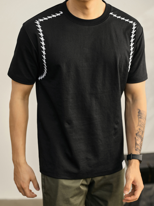 男夏季重磅冰感棉舒適圓領短袖時尚千鳥紋刺繡對稱分割線T恤