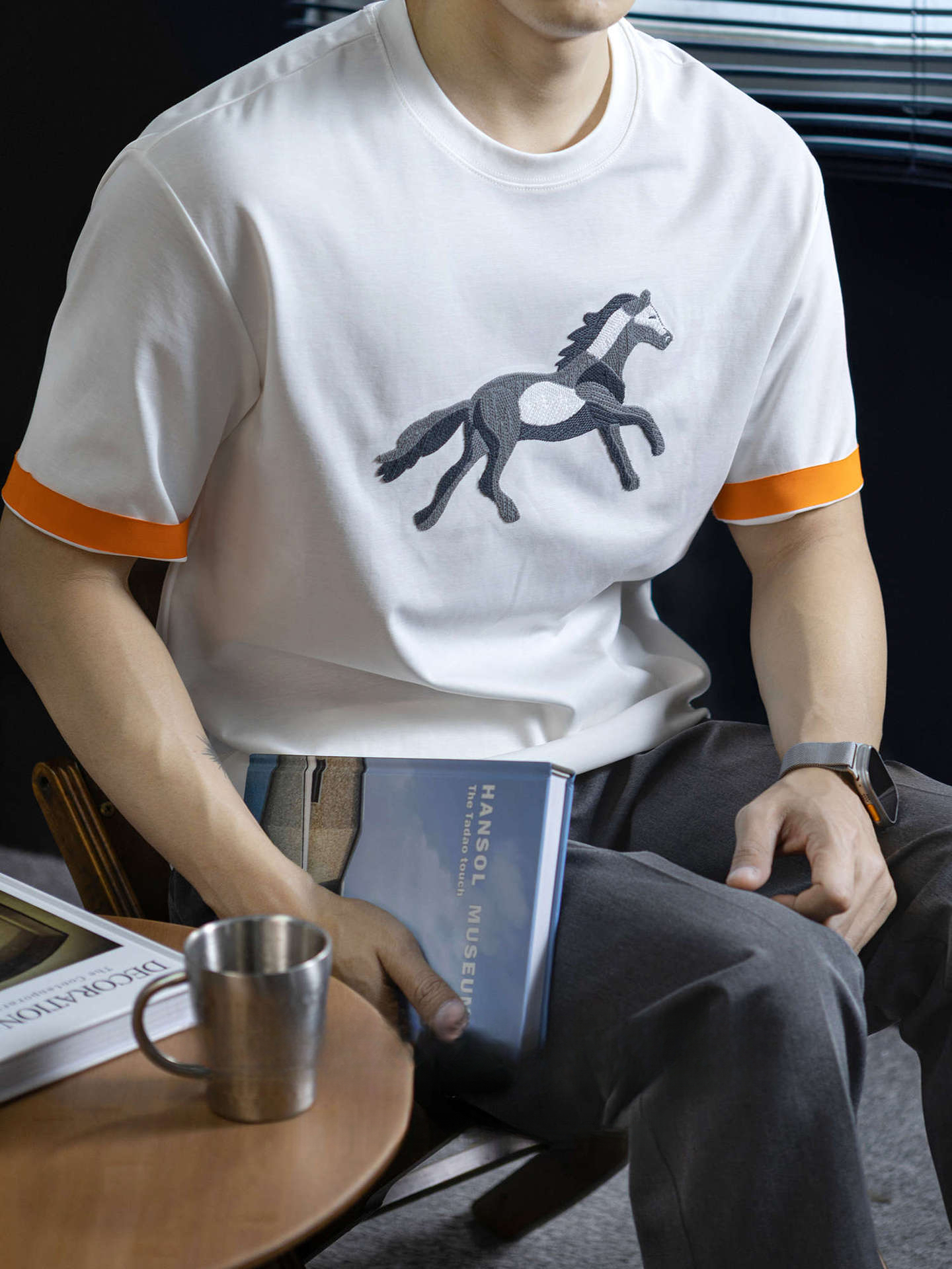 【奔馬貼布繡】冰絲親膚棉撞色短袖T恤男士時尚涼感舒適夏季半袖