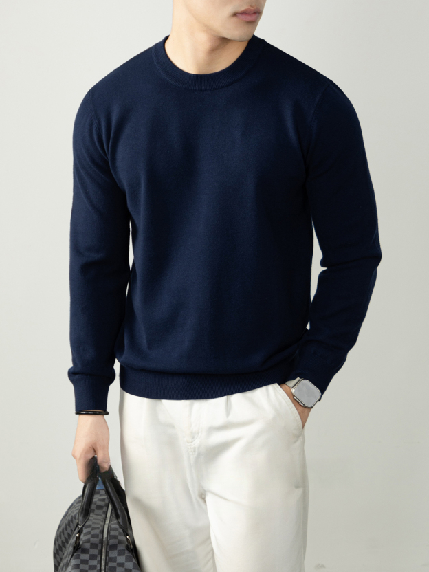 暖柔羊毛莫代爾混紡秋冬保暖舒適圓領男士針織毛衣高級感