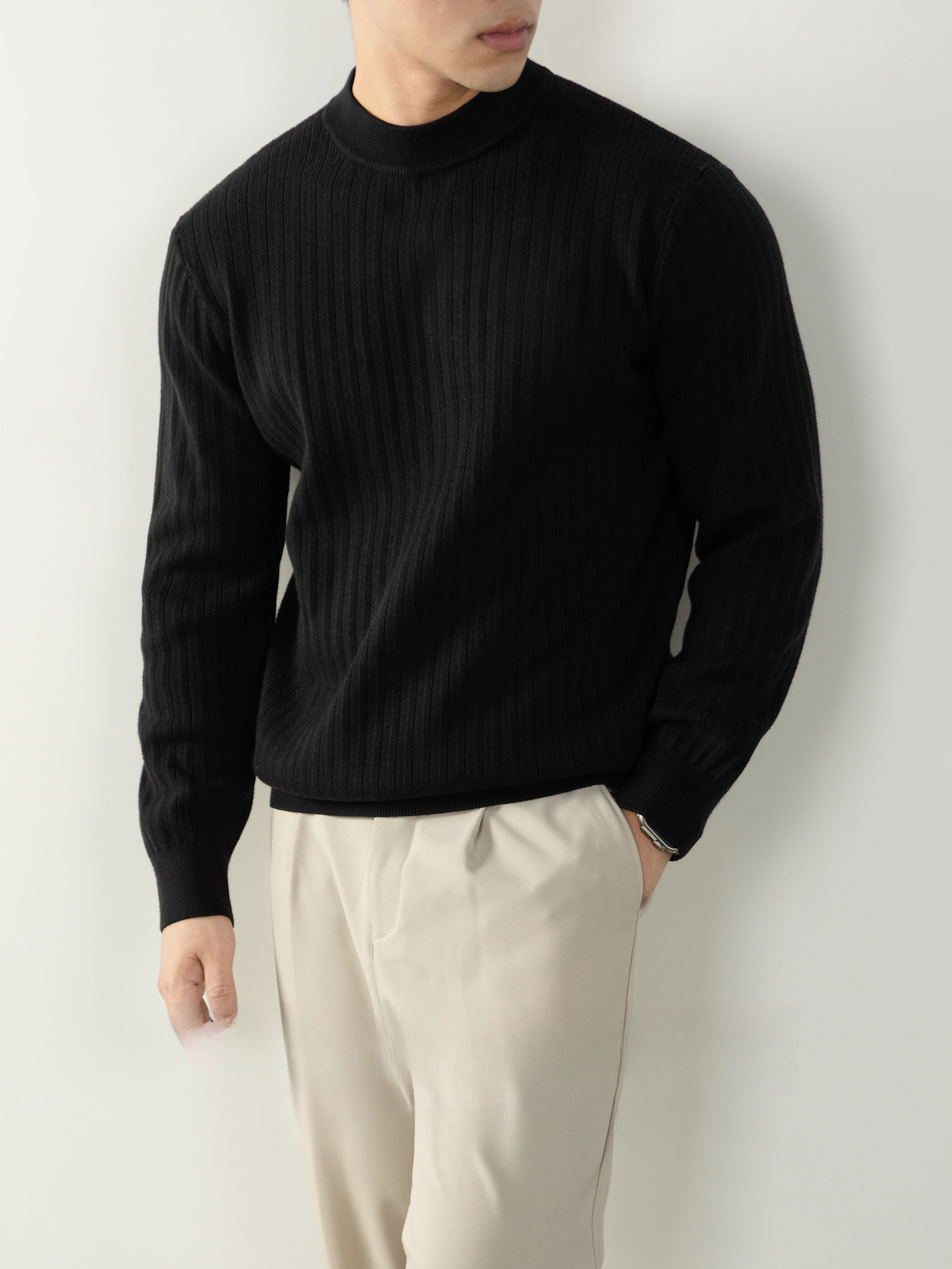 【綿羊毛•莫代爾】保暖豎紋針織衫半高領男士加厚抗球毛衣