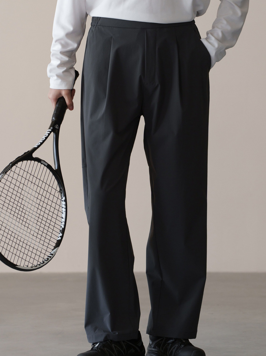 格雷系鬆緊腰雙褶耐磨休閒褲男春季易打理新款寬鬆直筒闊腿褲