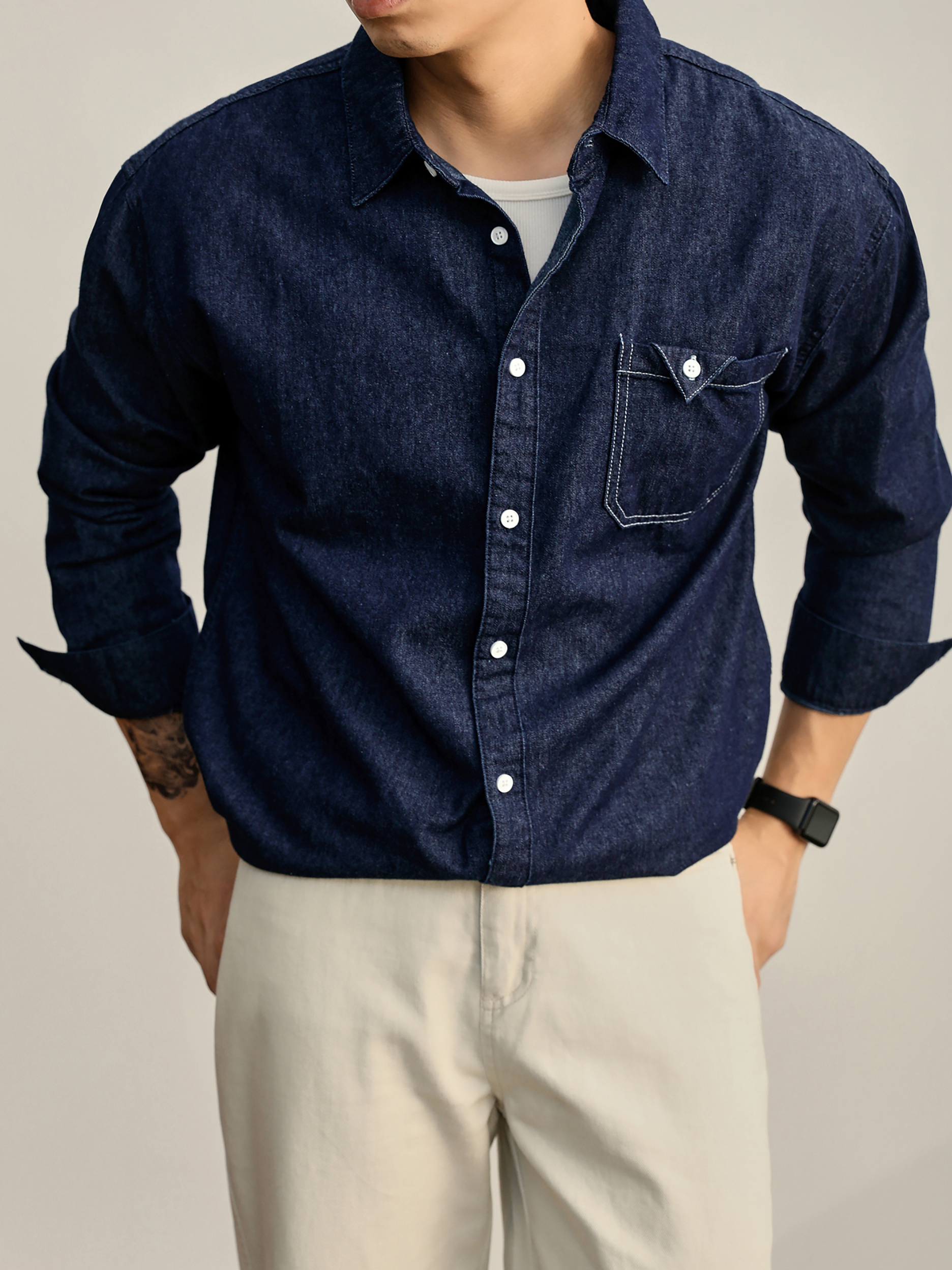 美式復古輯明線貼布口袋牛仔長袖襯衫男秋季水洗棉襯衣外套