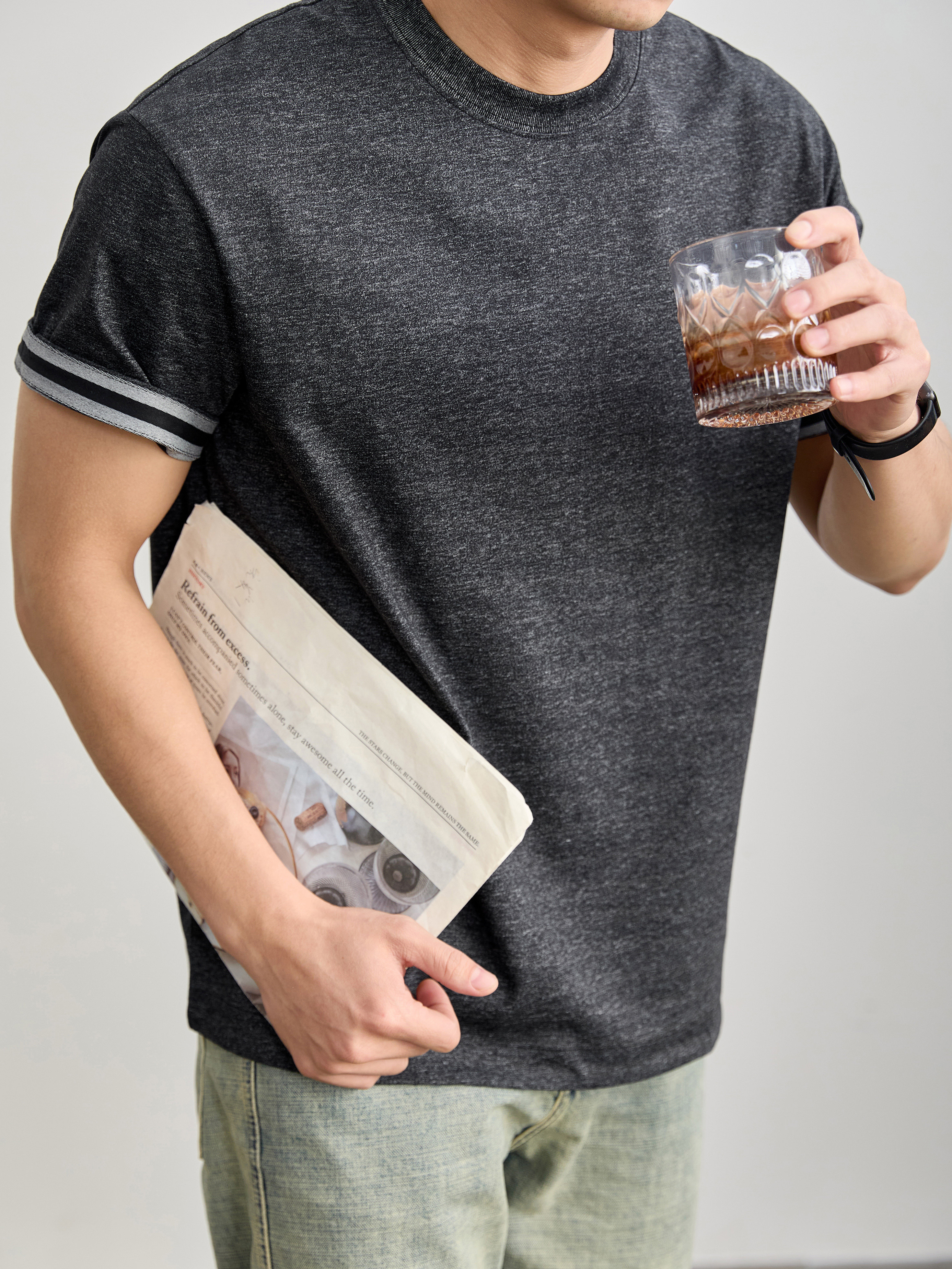 水洗棉混紡男士痞帥高級感短袖衫花灰色撞色條紋內裏上衣