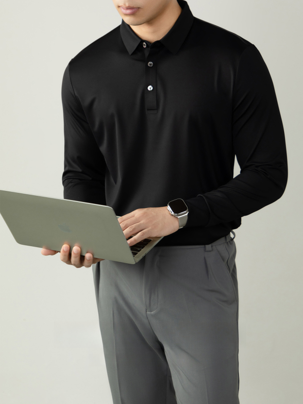 【高彈華夫格】輕奢免燙無痕男士長袖POLO衫2025秋冬商務通勤上衣