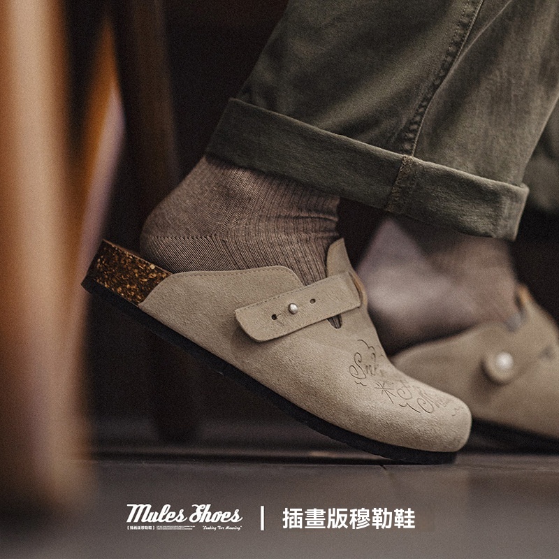 插畫版勃肯穆勒鞋半拖厚底外穿釣魚平底包頭涼拖鞋男夏-Retro's Wear