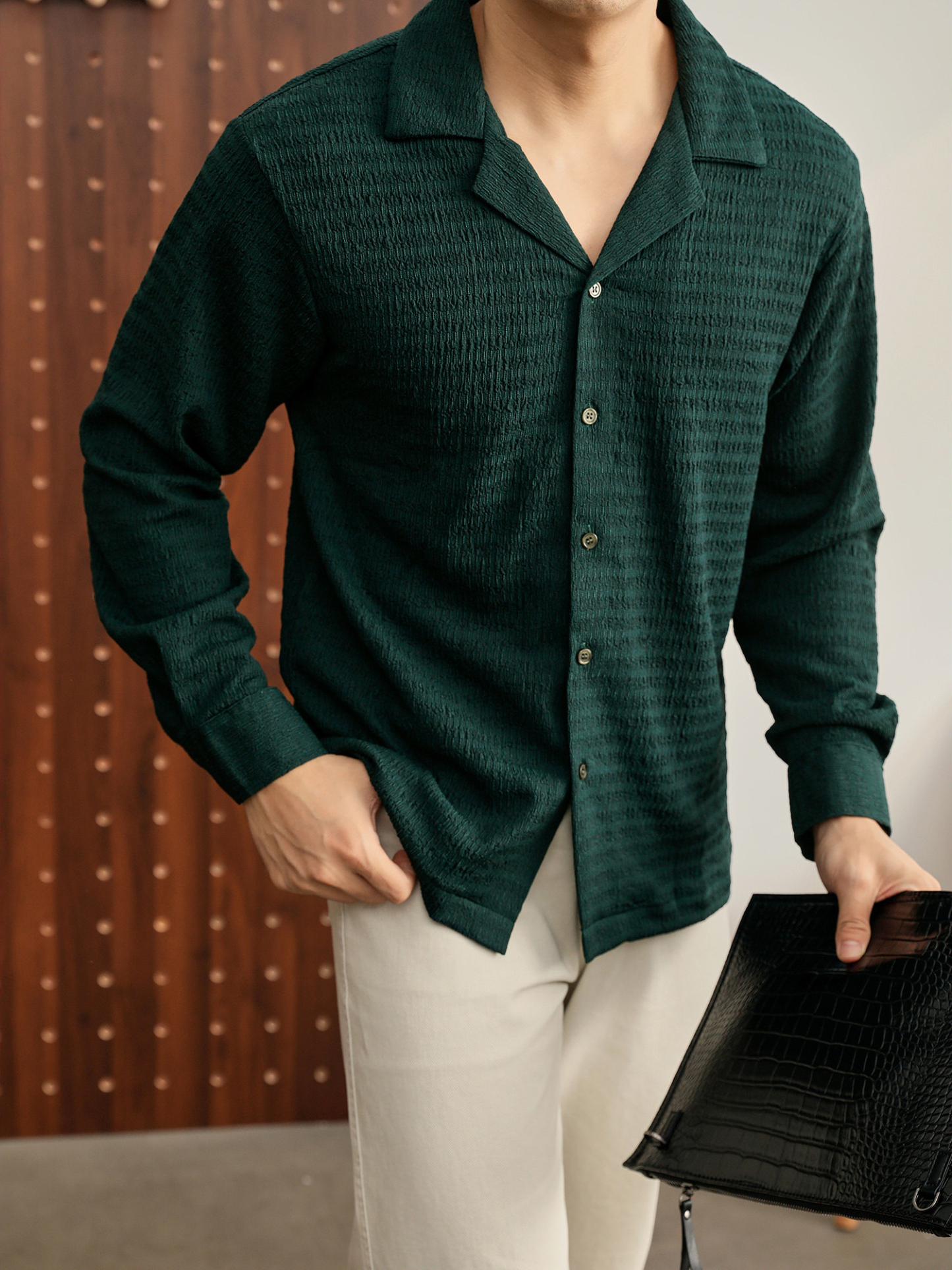 儒雅老錢風提花皺感古巴領長袖襯衫男泡泡紗肌理感襯衣