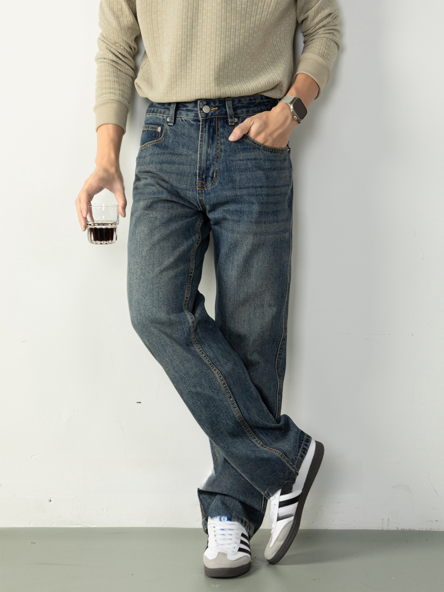 【美式休閒風】復古水洗藍色牛仔褲男士長褲微闊直筒舒適通勤秋冬