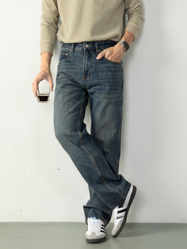 【美式休閒風】復古水洗藍色牛仔褲男士長褲微闊直筒舒適通勤秋冬