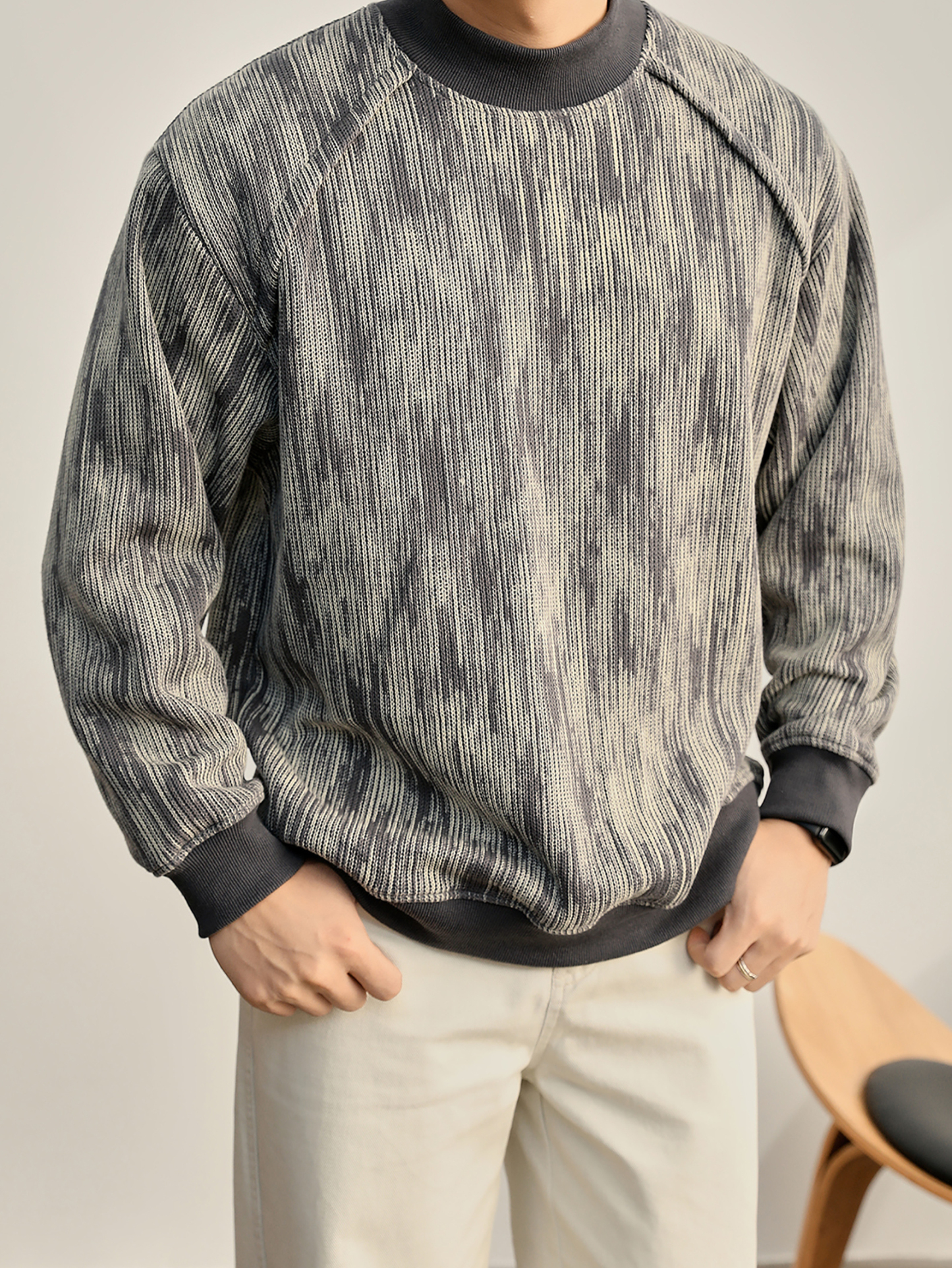 美式復古漸變斑駁感圓領衛衣男珠地蜂窩網重磅420g針織上衣