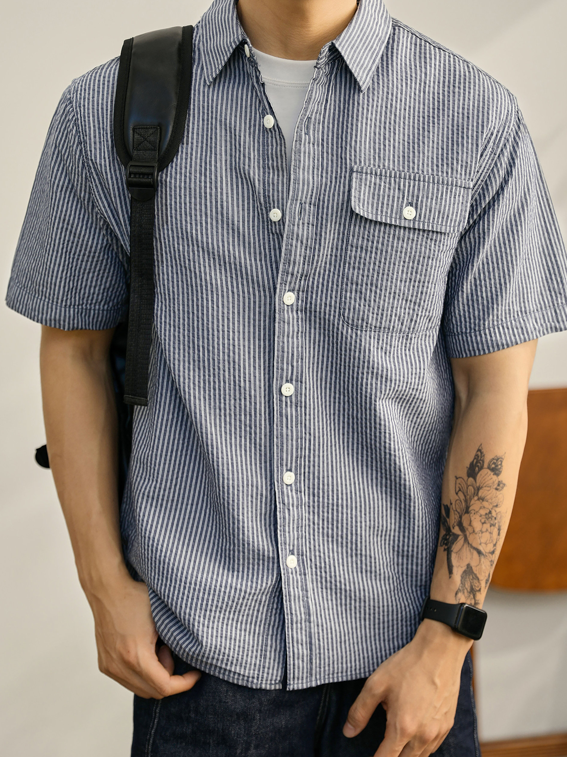 輕熟風男士條紋襯衫肌理感文藝韓範翻領上衣慵懶感簡約短袖襯衫