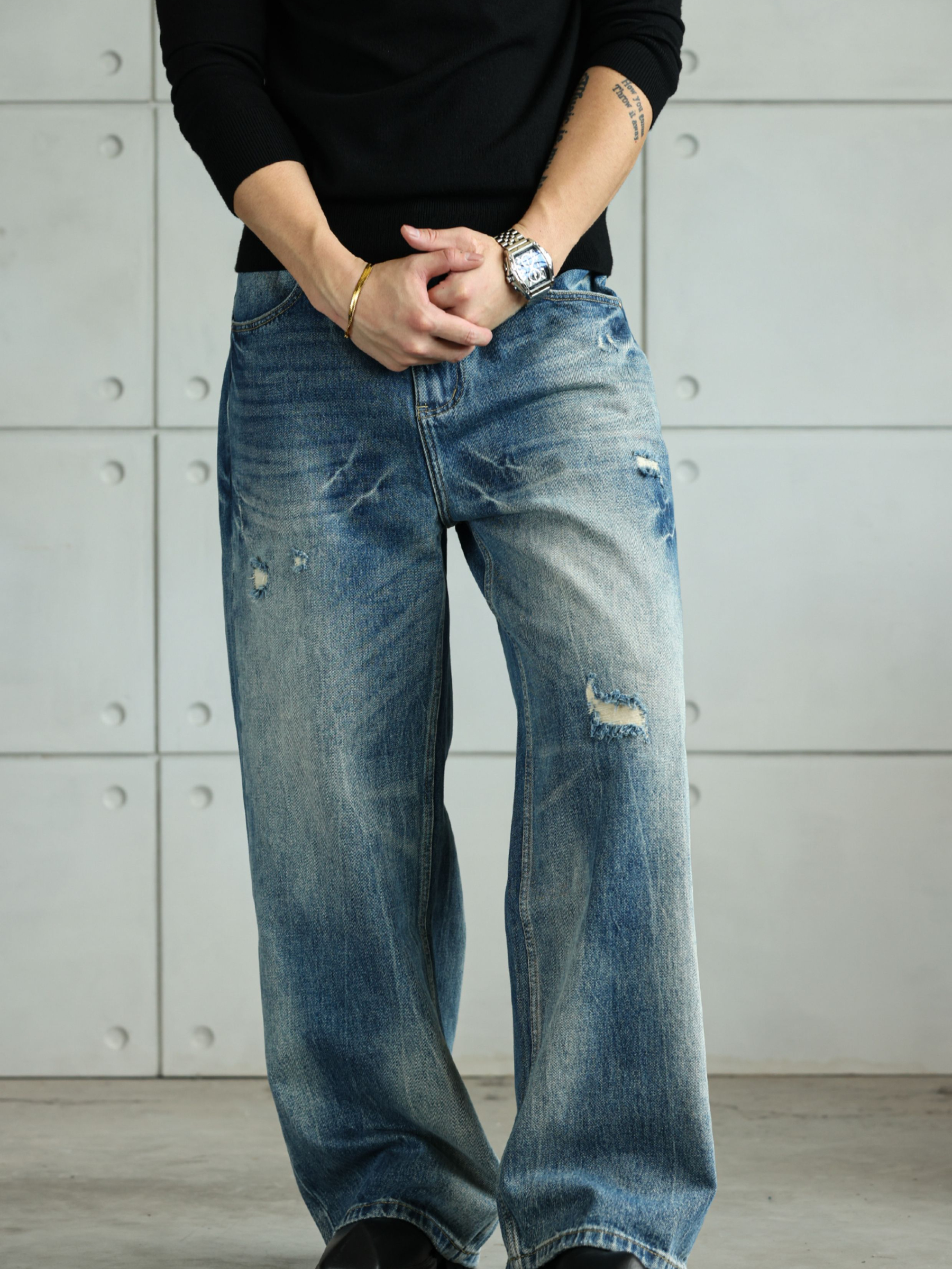 【丹寧破洞】美式復古水洗牛仔褲男直筒寬鬆通勤休閒長褲