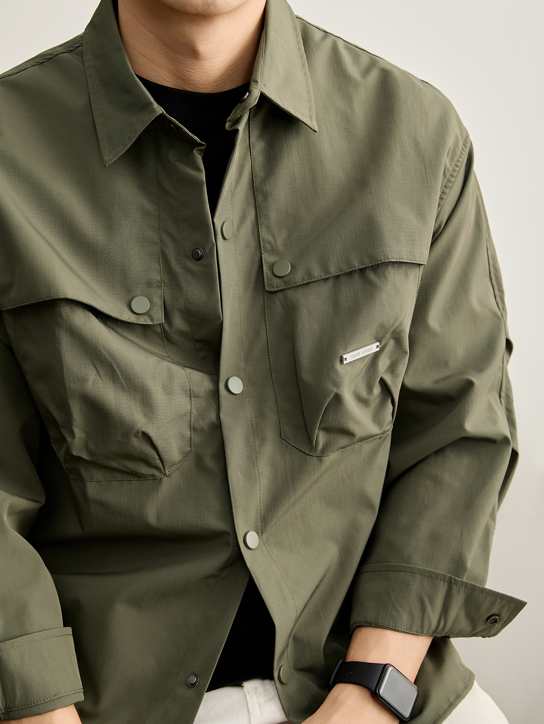 日系防風抽褶袖男士工裝襯衫秋冬純色格子肌理多口袋薄外套