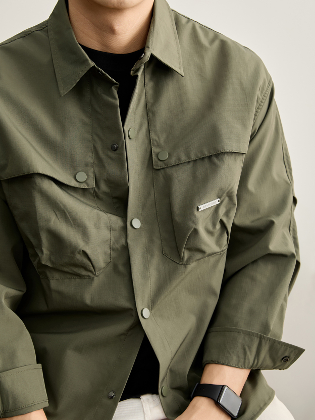 日系防風抽褶袖男士工裝襯衫秋冬純色格子肌理多口袋薄外套