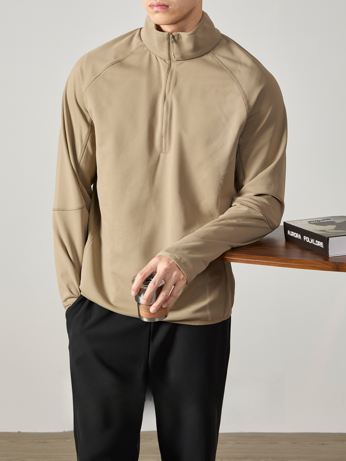 高級感 暖絨磨毛內裏半拉鍊T恤男士商務立領通勤保暖落肩長袖上衣