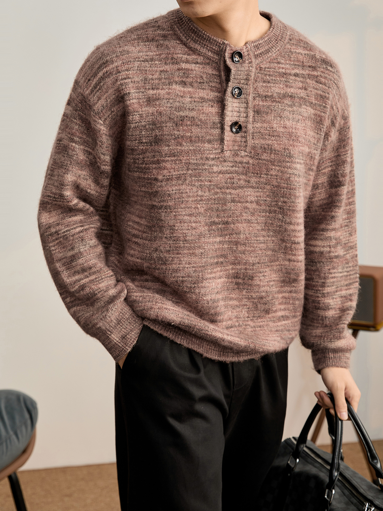 奢華多色漸變紗線針織毛衣男軟糯綿羊毛混紡保暖亨利領長袖