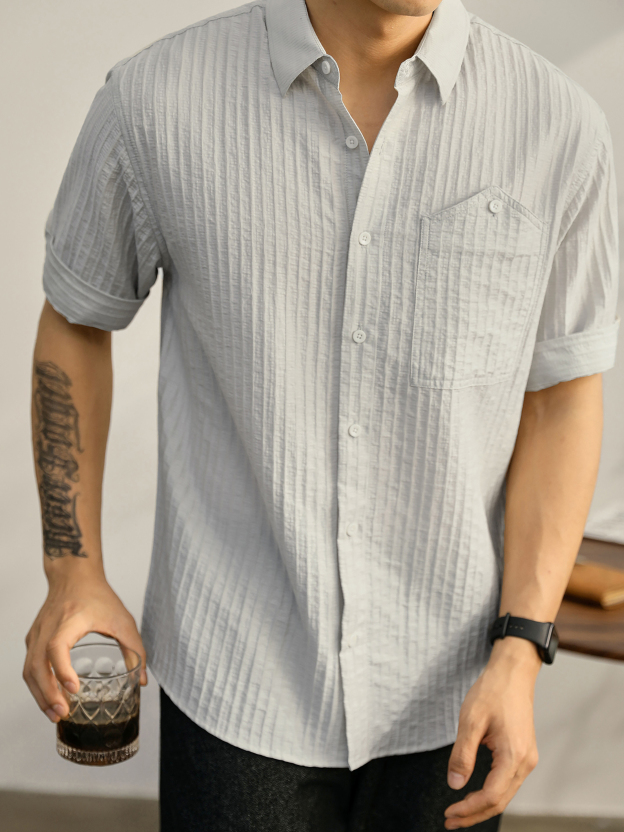 時尚潮流帥氣單穿襯衫男萊賽爾透氣襯衣泡泡肌理感紋理短袖