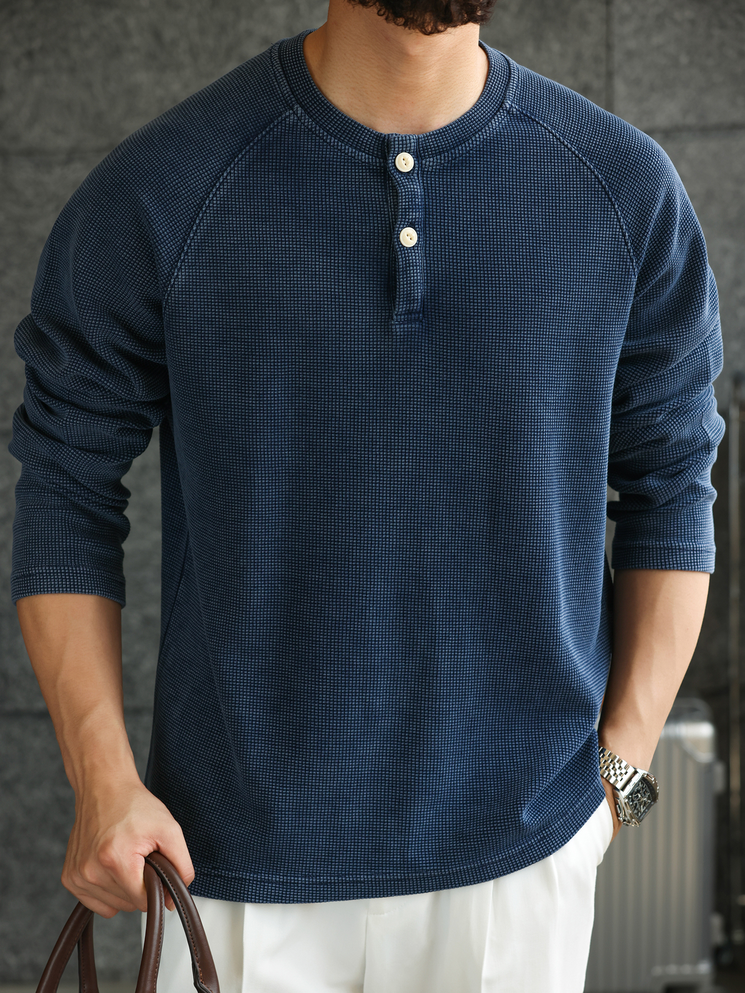 【紳士型格】水洗長袖亨利衫T恤男士美式華夫格打底衛衣