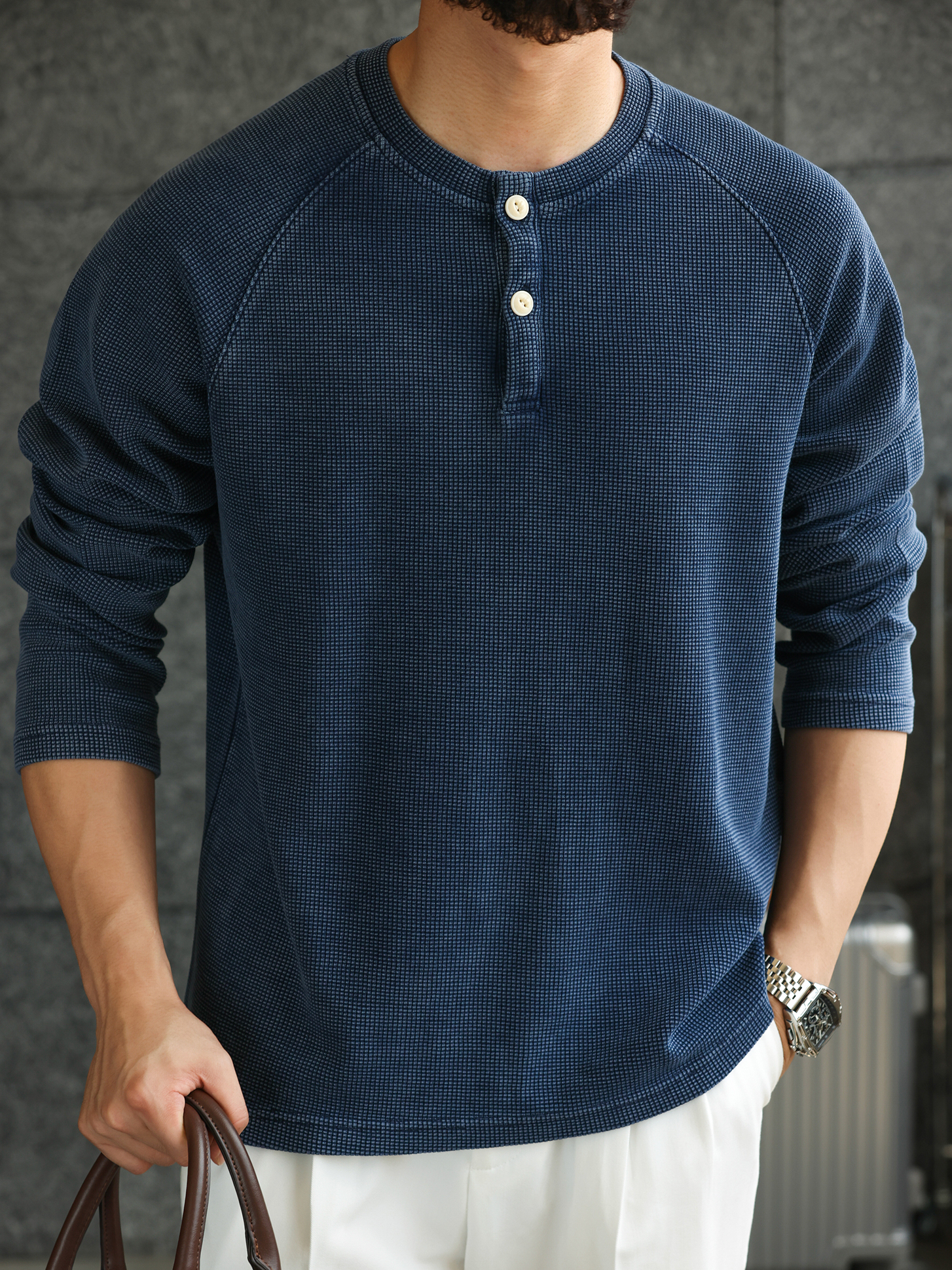【紳士型格】水洗長袖亨利衫T恤男士美式華夫格打底衛衣