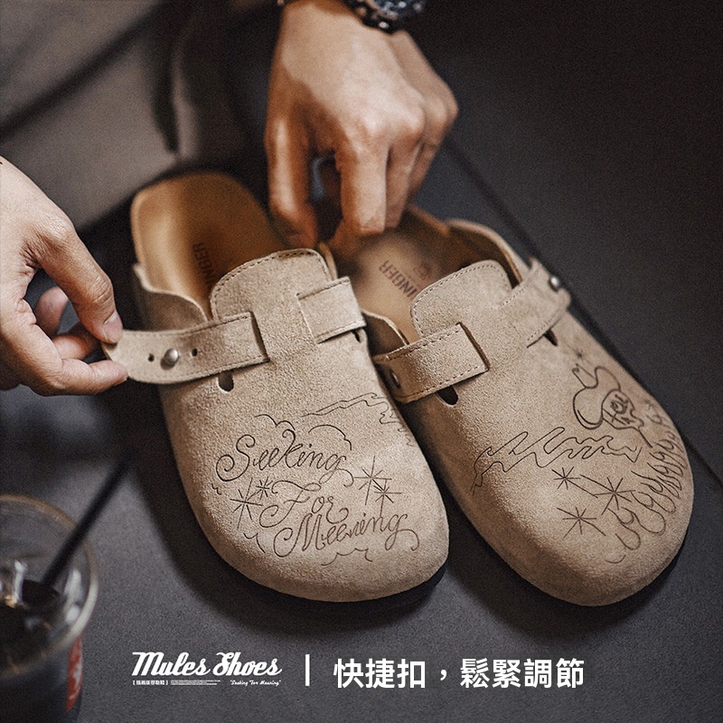 插畫版勃肯穆勒鞋半拖厚底外穿釣魚平底包頭涼拖鞋男夏-Retro's Wear