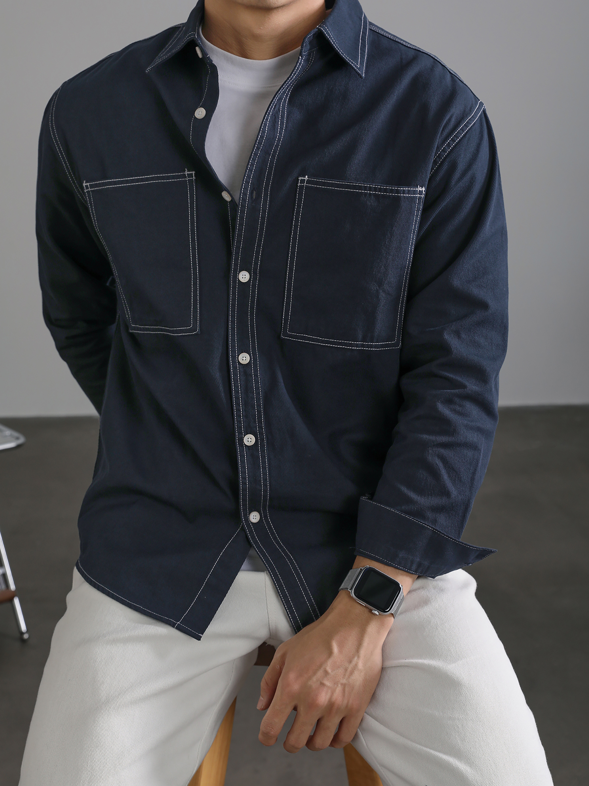 洗水復古牛仔藍色翻領長袖襯衫男士日常百搭純棉休閒小襯衣