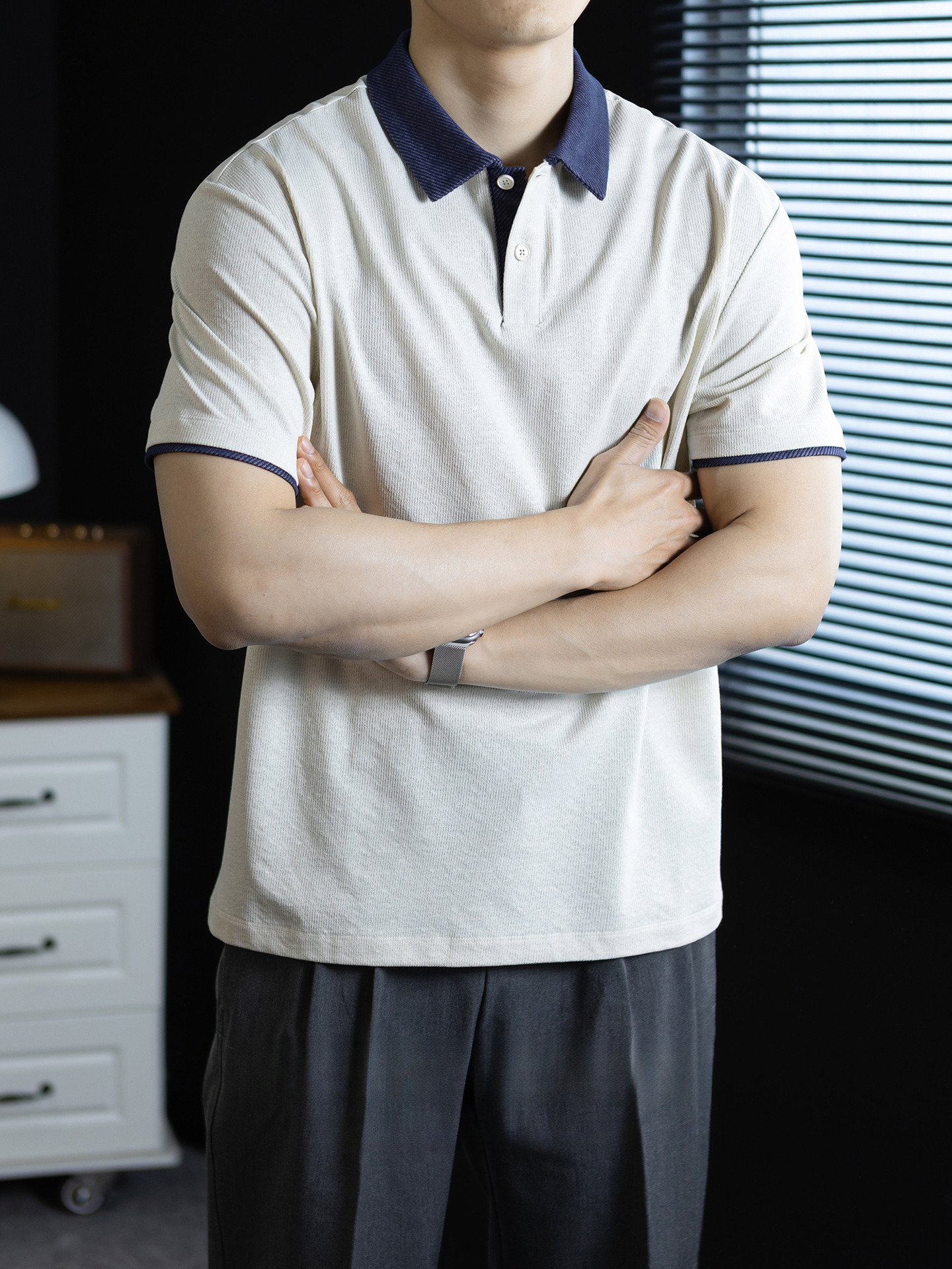 日系休閒風！暗紋肌理棉polo衫男士短袖夏季新款撞色拼接百搭高級