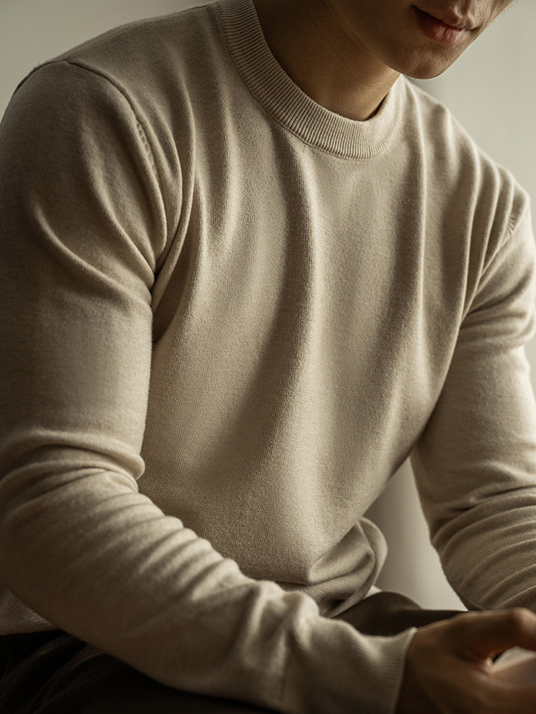 天絲羊毛純色針織衫秋冬新款圓領長袖毛衣男保暖內搭打底衫